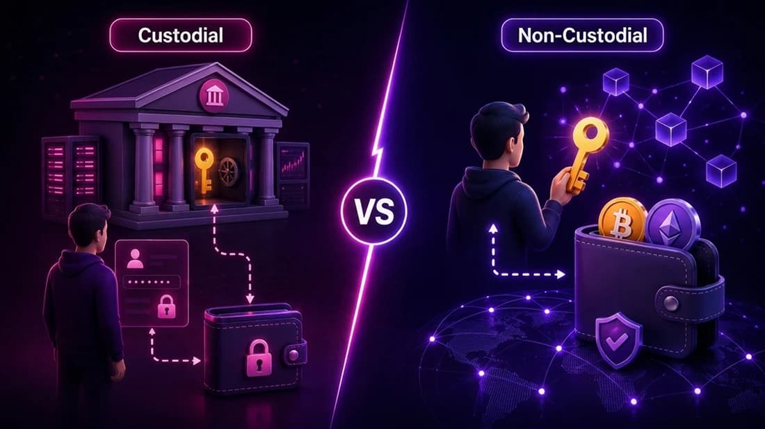 Custodial wallet where an exchange holds the private key, beside a non-custodial wallet where the user holds it
