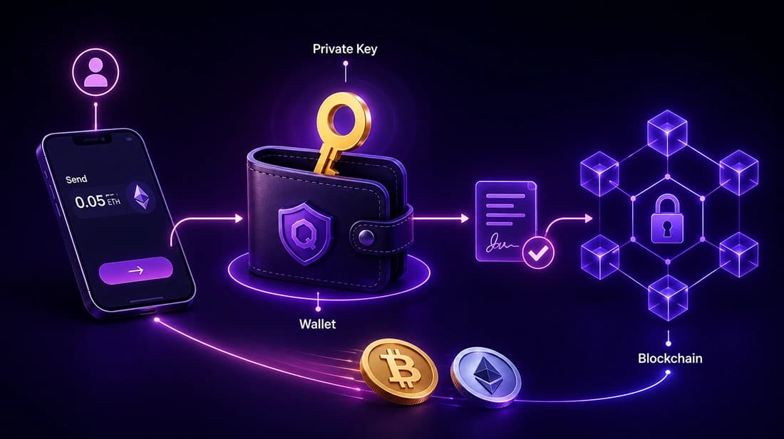 A transaction flowing from a wallet app, through signing with the private key, to the blockchain