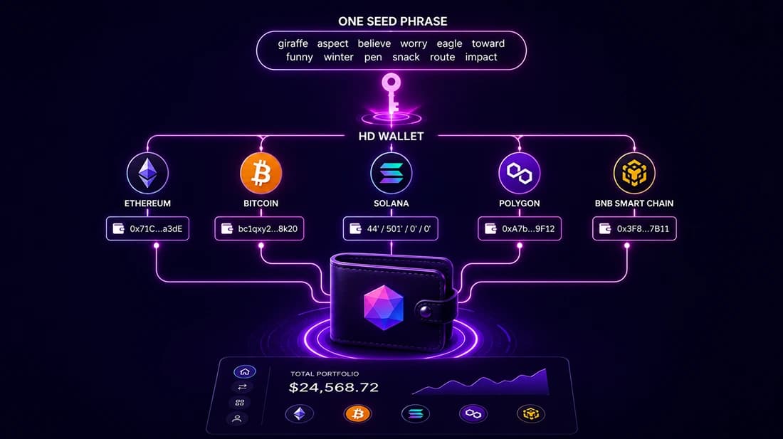 One seed phrase feeding an HD wallet that derives separate addresses for Ethereum, Bitcoin, Solana, Polygon, and BNB Smart Chain